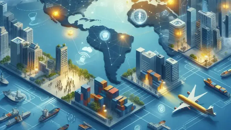 Illustration of a map of the Americas with connected cities, shipping and air routes, representing nearshoring in Latin America